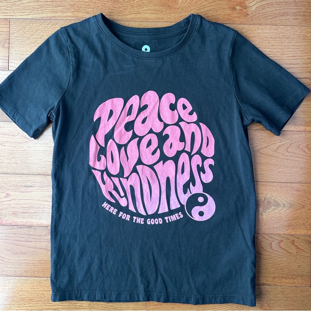 Cotton On Black Tee with Pink 'Peace Love and Kindness' Graphic